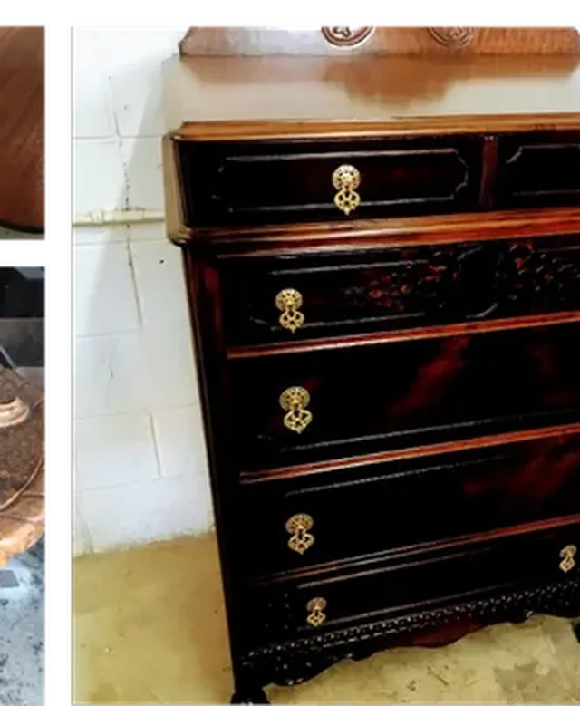 Tall espresso-stained chest of drawers with brass hardware, refinished by Affordable Furniture Repair and Refinish