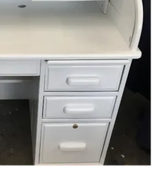 White refinished roll-top desk with smooth painted finish